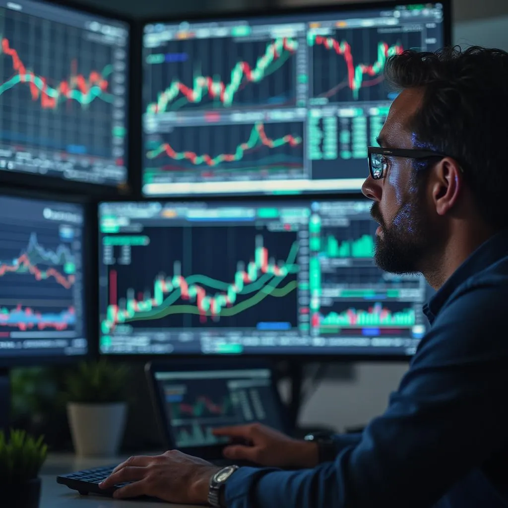 Analista financiero trabajando con múltiples pantallas y gráficos de datos