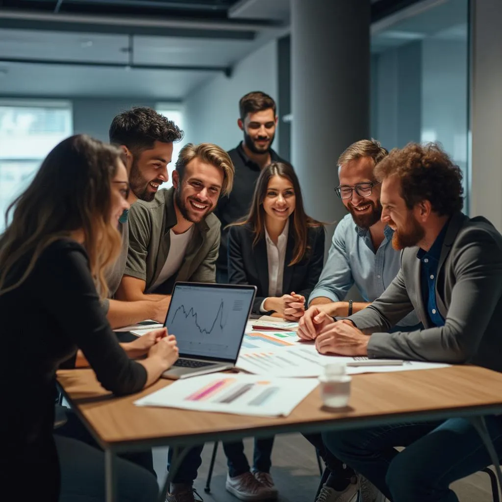 Equipo de consultores financieros discutiendo estrategias en una oficina moderna en Buenos Aires