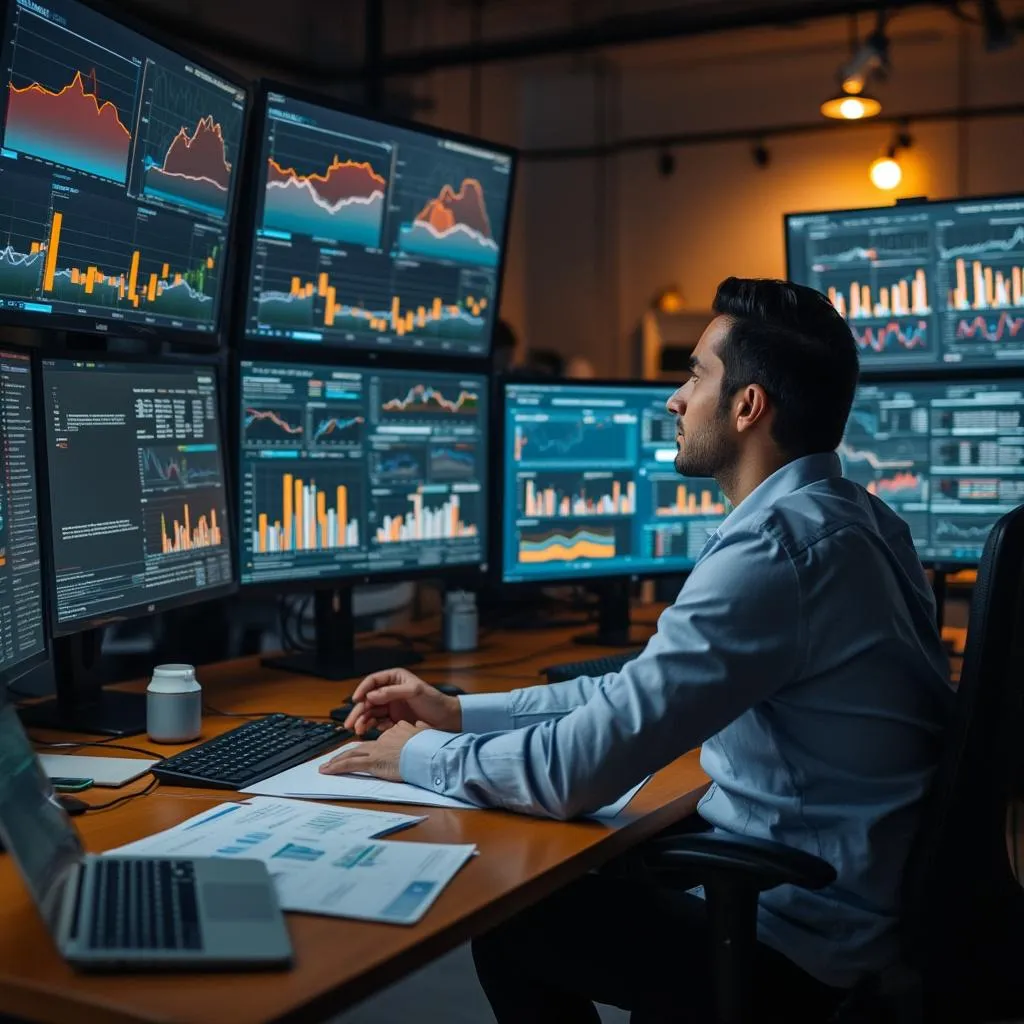 Analistas financieros trabajando con gráficos y datos del mercado argentino
